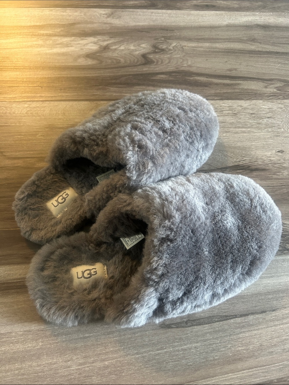 UGG Women's Plush Gray Shearling Slide Slippers